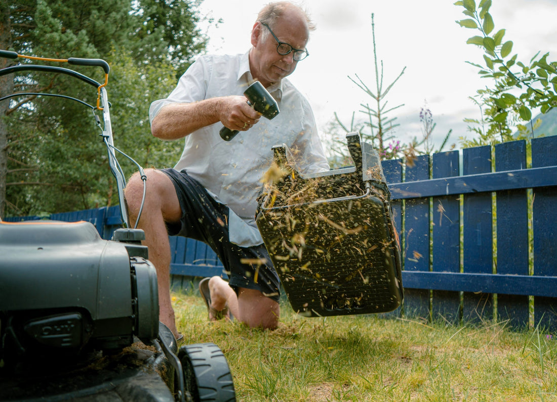 Hedgehog Dryer founder Bjørn Holte uses Hedgehog JET to clear grass in the yard